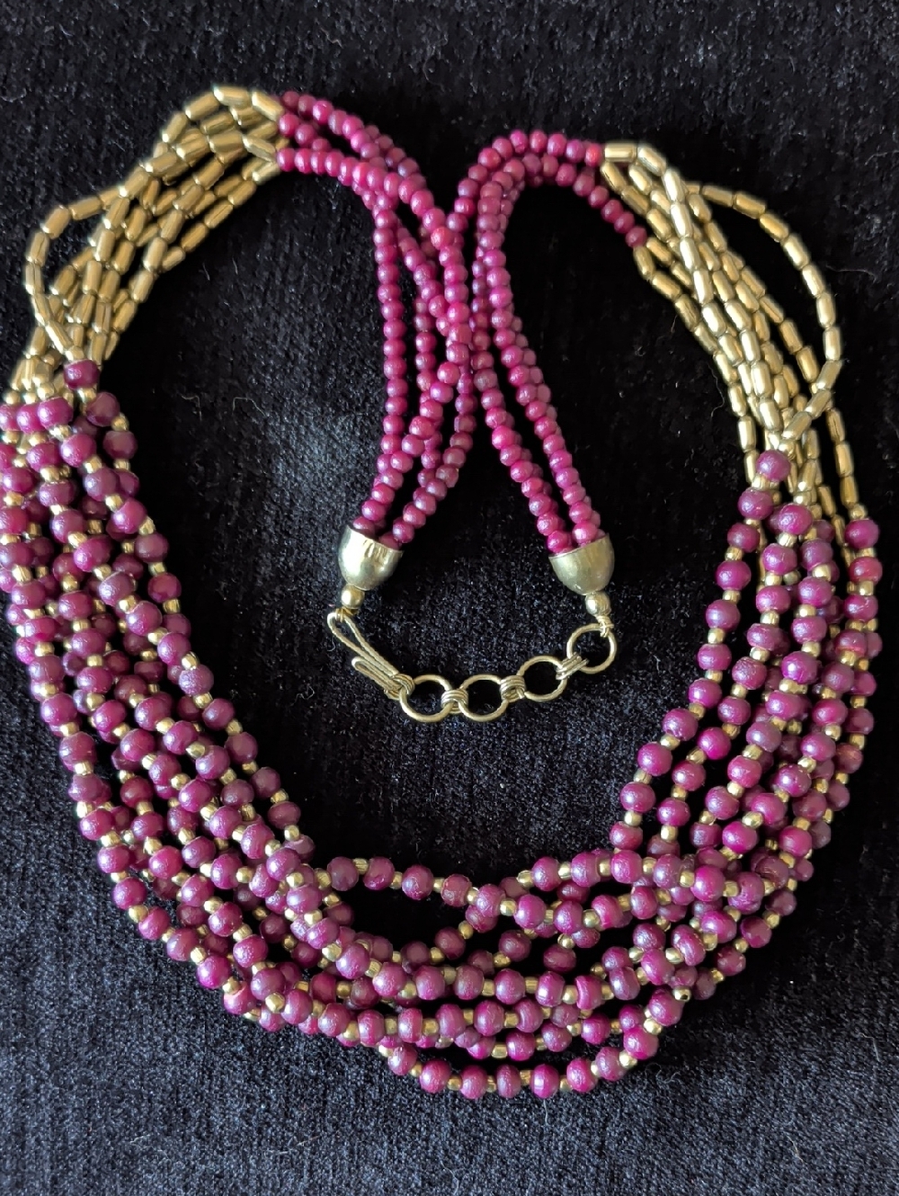 Beaded Multi-Strand Statement Necklace in Magenta and Gold